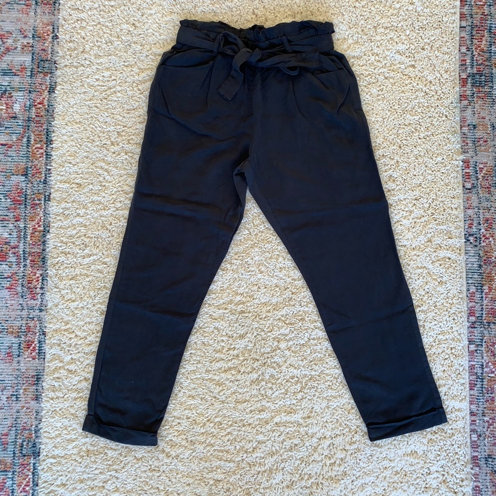 Silky black paper bag waist dress pants